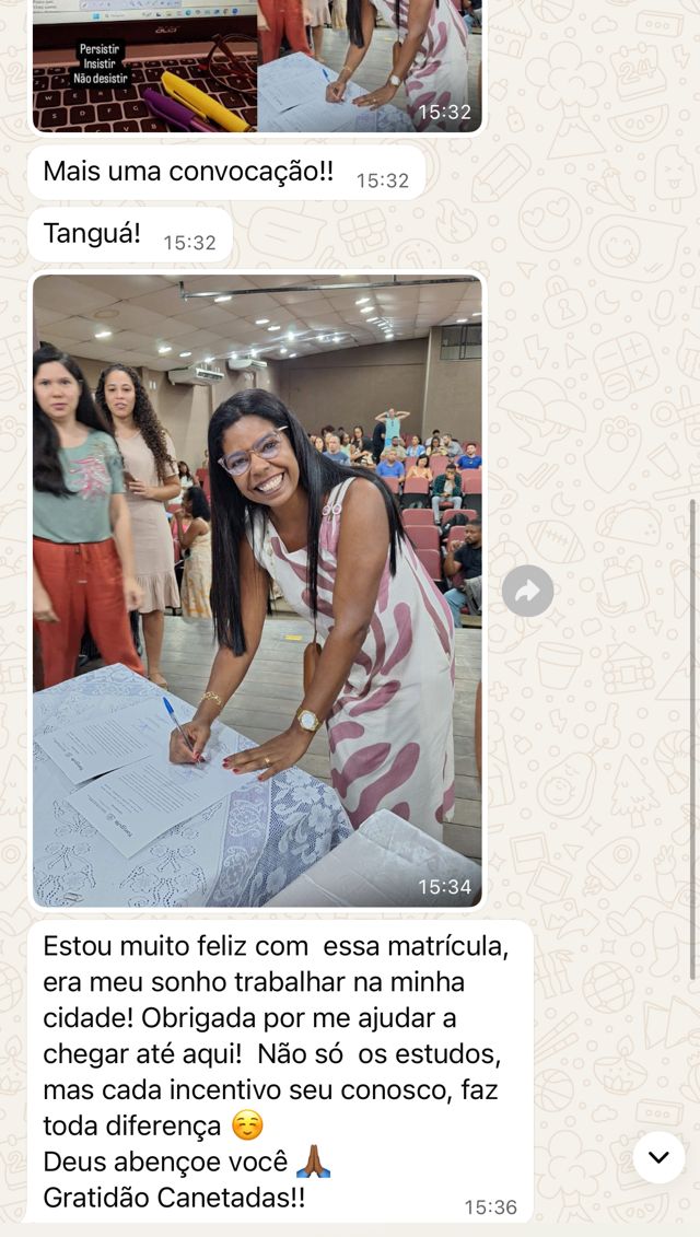 Mensagem de aluna: era meu sonho trabalhar na minha cidade, obrigada por me ajudar a chegar até aqui