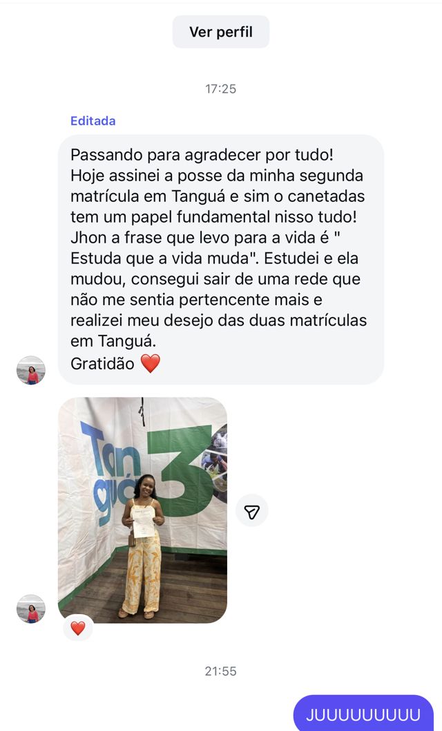 Mensagem de aluna agradecendo pela posse da segunda matrícula em Tanguá